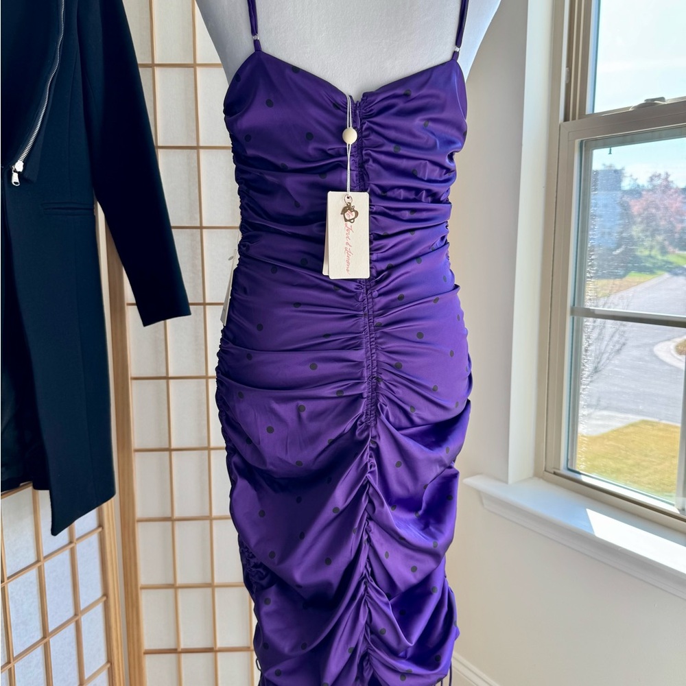 NWT: For Love & Lemons "Paula" Ruched Bodycon Dress, Satin/Royal Purple - Picture 4 of 9